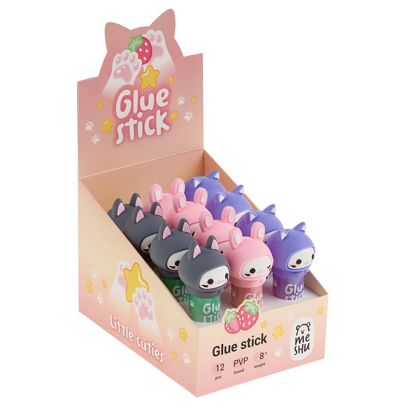 Клей-карандаш MESHU с топпером "Cuties", 8г, дисплей бокс, ПВП, ассорти