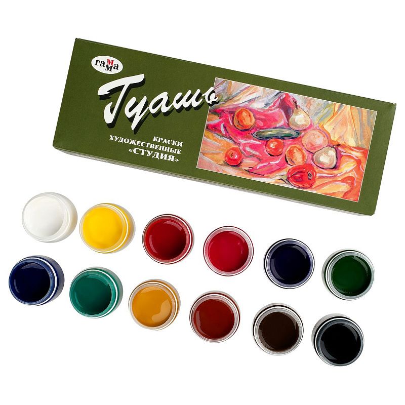 Гуашь художественная Гамма "Студия", 12 цветов, 40мл, картон. упаковка