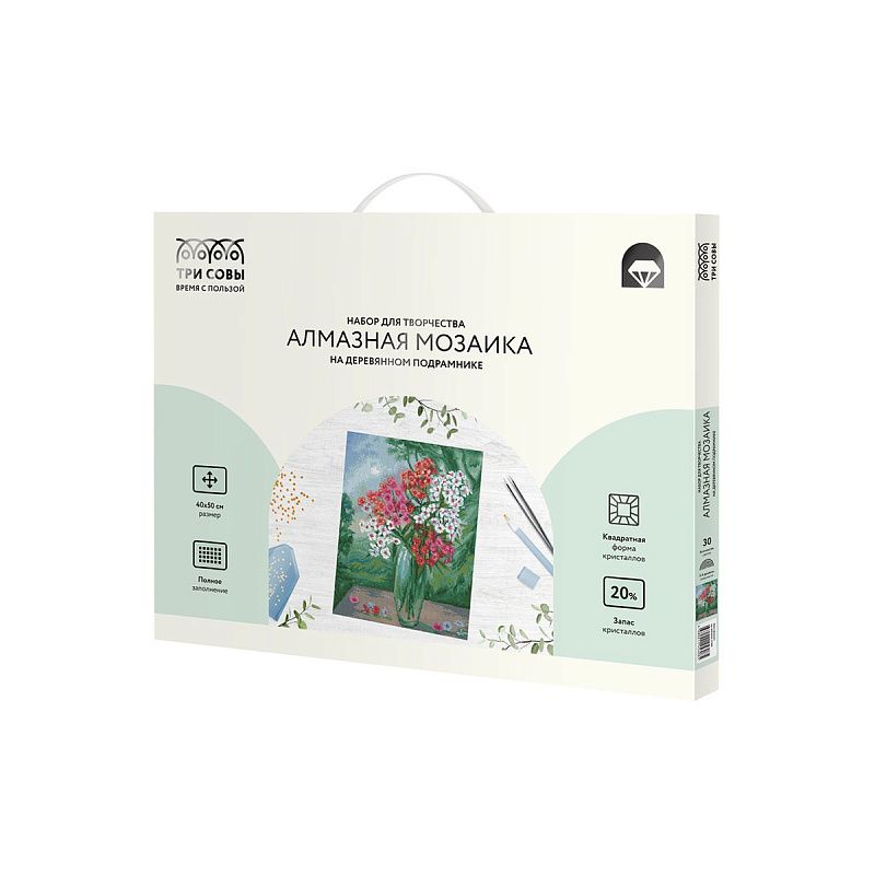 Алмазная мозаика ТРИ СОВЫ "Букет флоксов", 40*50см, холст на деревянном подрамнике, картонная коробка с пластиковой ручкой