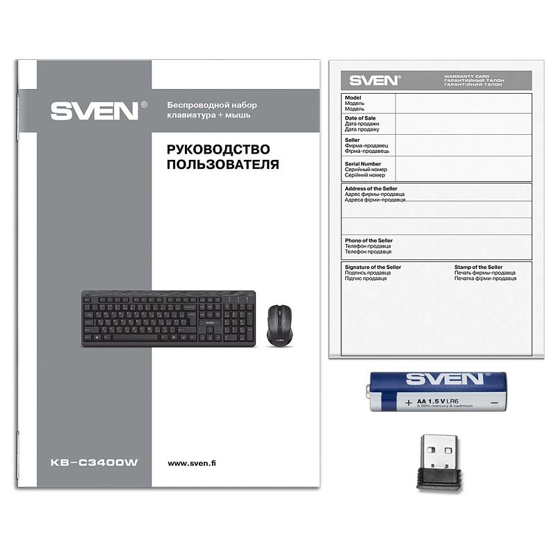 Комплект беспроводной клавиатура + мышь Sven KB-C3400W, USB, черный