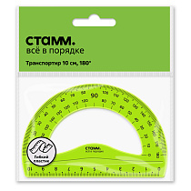 Транспортир 10см, 180° СТАММ, пластиковый, гибкий, прозрачный, зеленый, европодвес