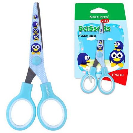 Ножницы BRAUBERG "Kid Series", 130 мм, голубые, с цветной печатью "Пингвины", закругленные, 232271 