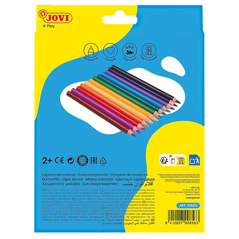 Карандаши цветные JOVI "Maxi", 12цв., трехгран., утолщенные, заточен., картон, европодвес