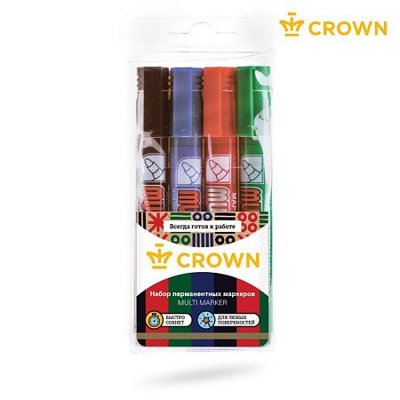 Набор перманентных маркеров Crown "Multi Marker" 04цв., пулевидный, 3,0мм, чехол с европодвесом 