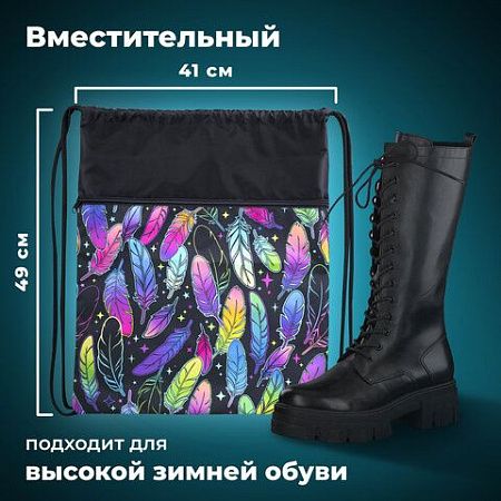 Мешок для обуви BRAUBERG БОЛЬШОЙ, с ручкой, карман на молнии, сетка, 49х41 см, "Feathers", 271057 