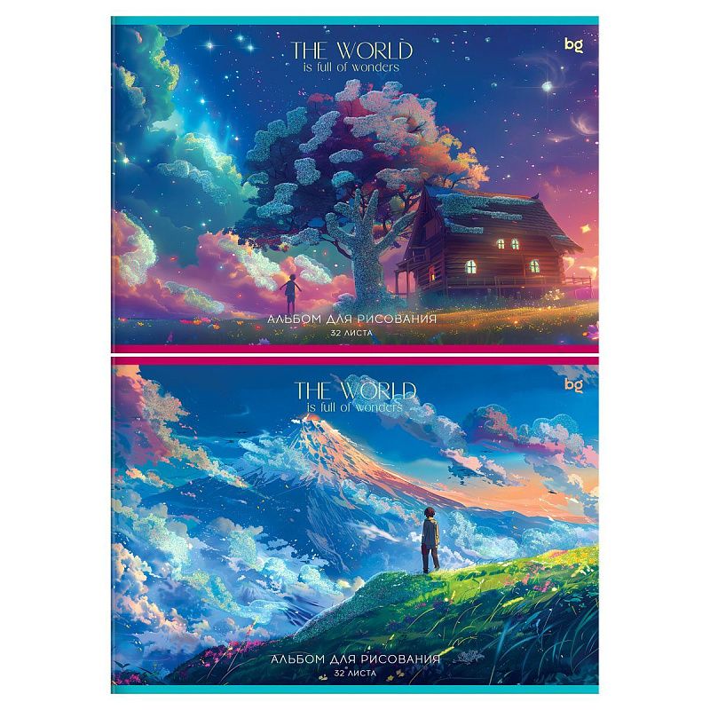 Альбом для рисования 32л., А4, на скрепке BG "Чудесный мир", блестки