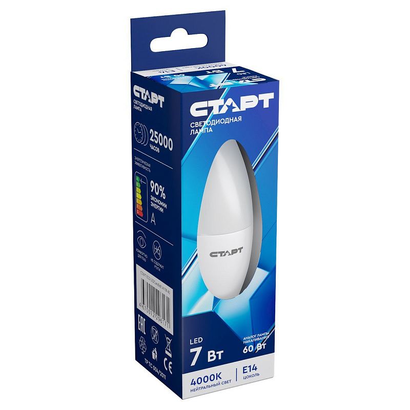 Лампа светодиодная Старт LED, серия "ЭКО" 7W40, тип С "свеча", E14, 4000К, холодный свет, 15000ч