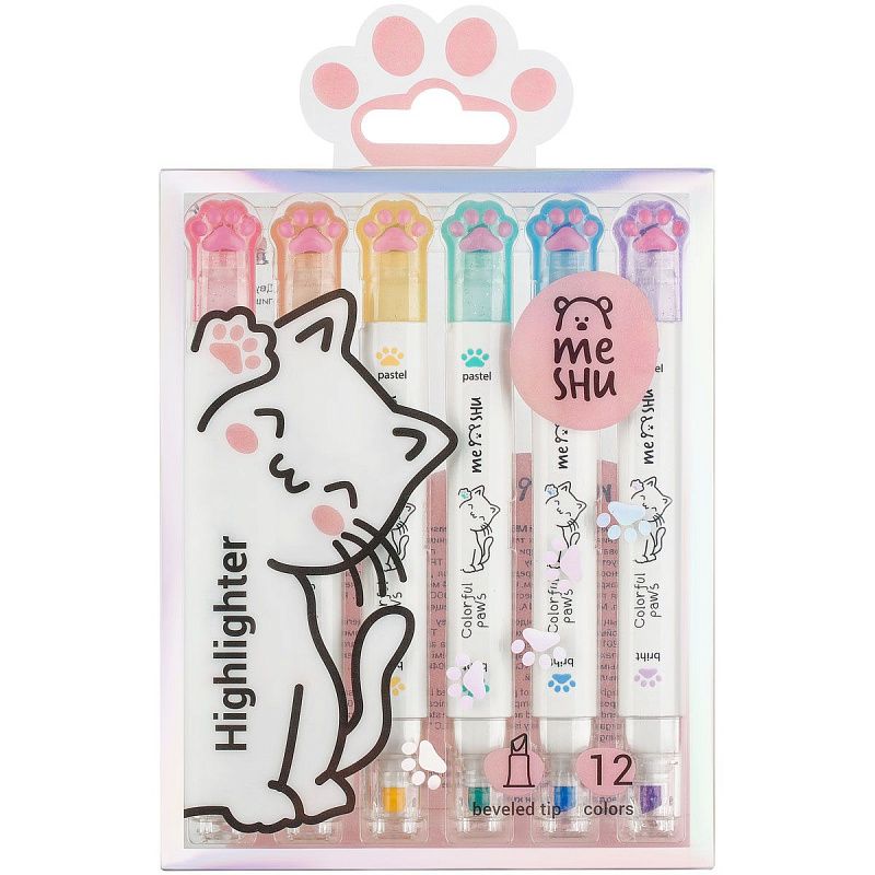 Набор текстовыделителей двусторонних MESHU "White kittens", 12цв., пастельные цвета, 1-4мм, ПВХ бокс с европодвесом 