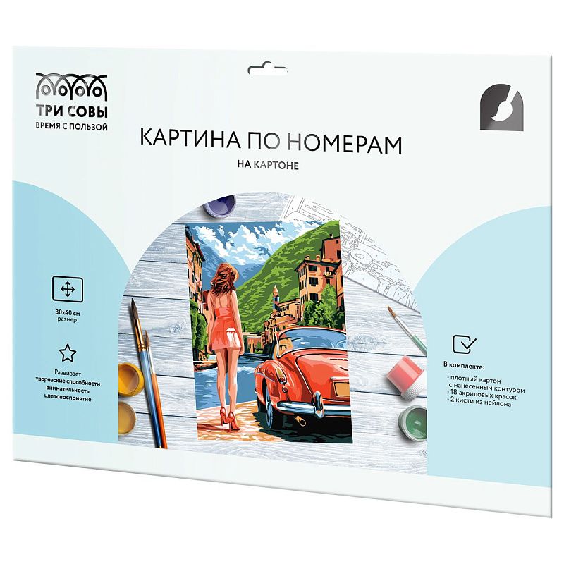 УЦЕНКА - Картина по номерам на картоне ТРИ СОВЫ "Девушка и ретро автомобиль", 30*40, с акриловыми красками и кистями