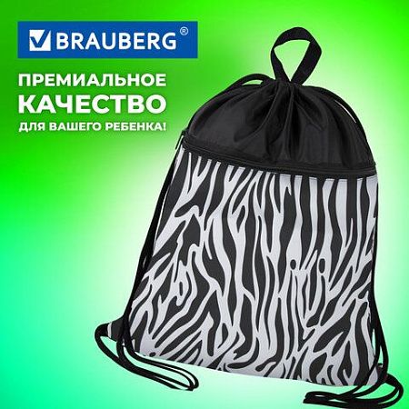 Мешок для обуви BRAUBERG БОЛЬШОЙ, с ручкой, карман на молнии, сетка, 49х41 см, "Zebra", 271611 