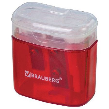 Точилка BRAUBERG "Chief", 2 отверстия для чернографитных и цветных карандашей, с контейнером, с крышкой, ассорти, 226942 