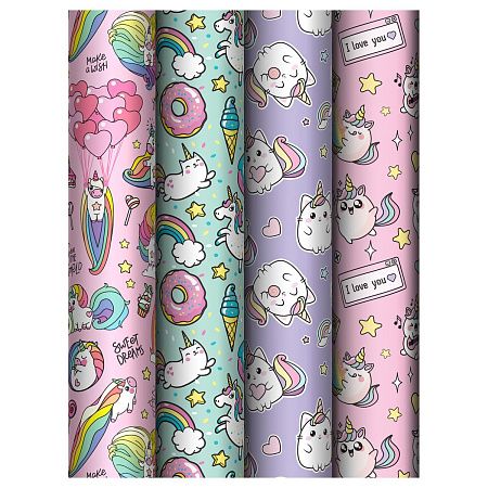 Упаковочная бумага глянц. 70*100см, MESHU "Unicorn", 80 г/м2, ассорти, 4 дизайна