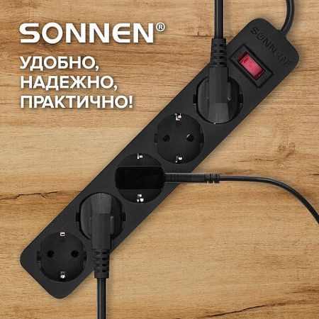 Сетевой фильтр SONNEN SPB-185, 5 розеток с заземлением, выключатель, 10 А, 1,8 м, черный, 513656