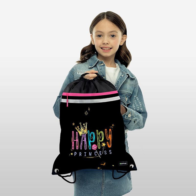 Мешок для обуви 1 отделение Berlingo "Candy Princess", 360*460мм, вентиляционная сеточка , светоотражающая лента, карман на молнии 