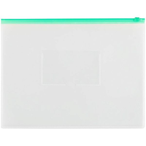 Папка-конверт на zip-молнии СТАММ А4, полипропилен, 150мкм, прозрачная, карман, молния зеленая