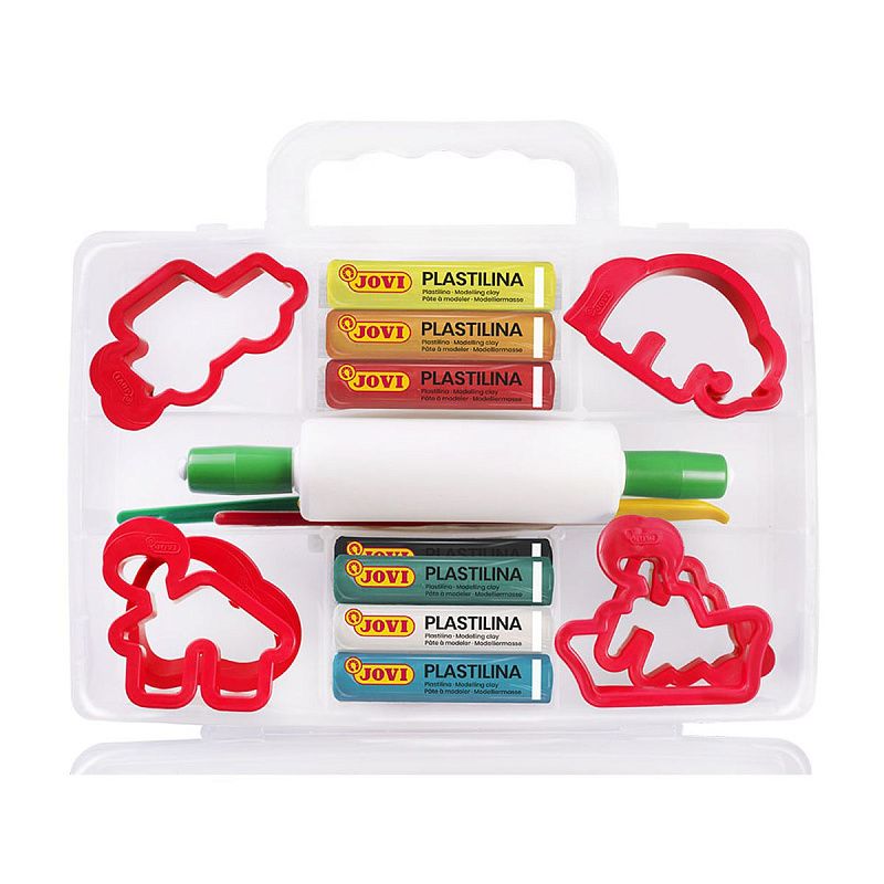 Пластилин JOVI, 08 цветов, 200г, растительный, формочки, стеки, скалка, в чемодане