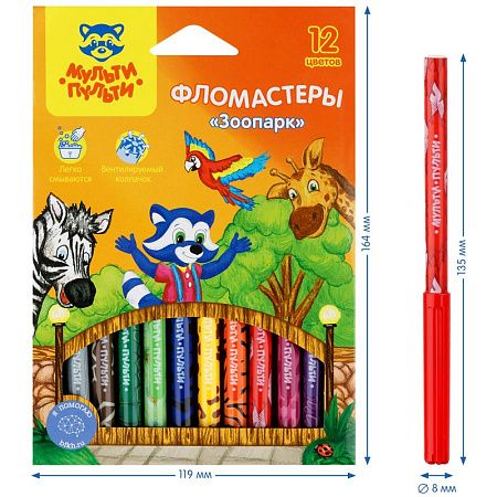 Фломастеры Мульти-Пульти "Зоопарк", 12цв., с печатью, картон