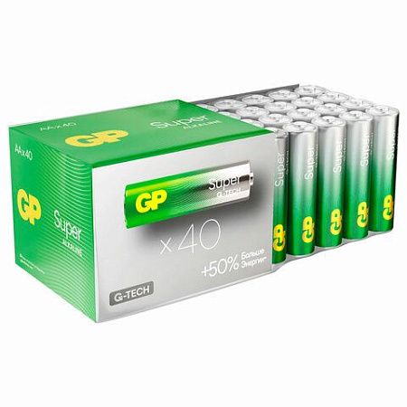 Батарейки GP Super, AA (LR6, 15А), алкалиновые, пальчиковые, КОМПЛЕКТ 40 шт., 15A-2CRVS, GP 15A-2CRVS40