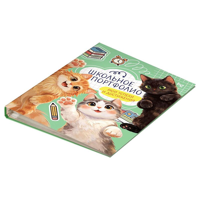 Папка-портфолио 7БЦ А4 BG, на 4 кольцах для школьника "Котята-школьники", 20 файлов, 10 вкладышей. 
