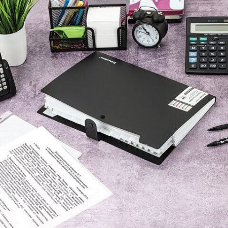 Папка-органайзер на кнопке 12 отделений, BRAUBERG "Extra", А4, черная с белым, 271930 