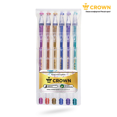 Набор гелевых ручек Crown "Hi-Jell Metallic" 6шт., 06цв., 0,7мм, металлик, ПВХ уп., европодвес