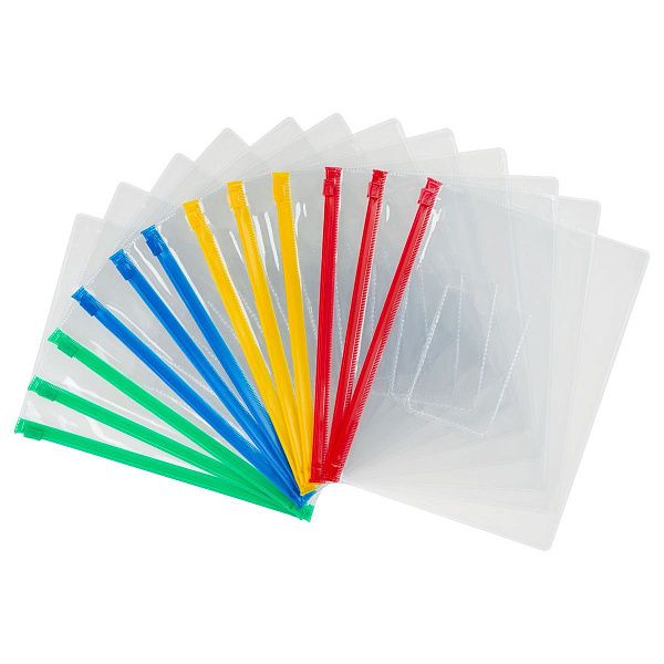 Папка-конверт на zip-молнии СТАММ В5, ПВХ, 120мкм, прозрачная, цветная молния, карман, ассорти