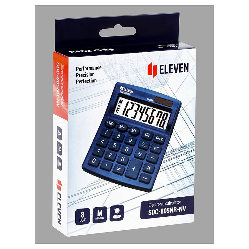 Калькулятор настольный Eleven SDC-805NR-NV, 8 разр., двойное питание, 127*105*21мм, темно-синий