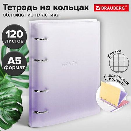 Тетрадь на кольцах А5 175х220 мм, 120 л., пластик, с разделителями, BRAUBERG, Фиолетовый, 404627
