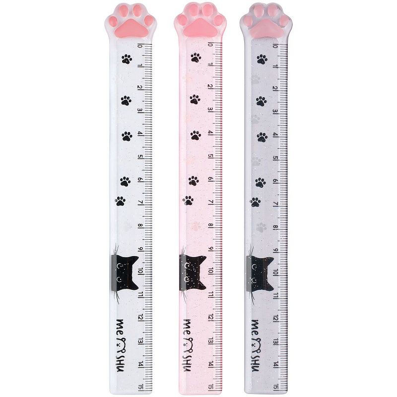 Линейка 15см MESHU "Paw", пластиковая, тонированная, с блестками, ассорти, европодвес 