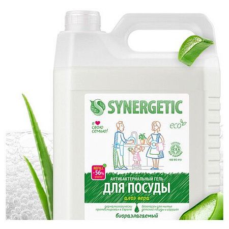 Гель для мытья посуды антибактериальный 5 л, SYNERGETIC "Алоэ", канистра, 103503 