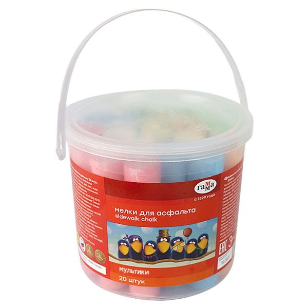 УЦЕНКА - Мелки для асфальта Гамма "Мультики", цветные, 20шт., 6цв., круглые, пластиковое ведро (осн 285033)