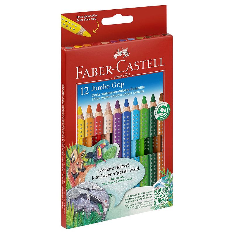 Карандаши цветные Faber-Castell "Jumbo Grip", 12цв., трехгран., утолщен., заточен., картон, европодв