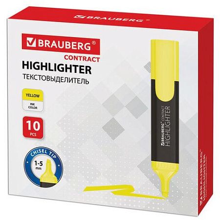 Текстовыделитель BRAUBERG "Contract", ЖЕЛТЫЙ, линия 1-5 мм, 150389 