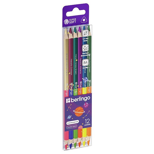 Карандаши цветные двусторонние металлик/неон Berlingo "SuperSoft. Metallic-Neon", 12цв., 06шт., трехгран., заточен., европодвес