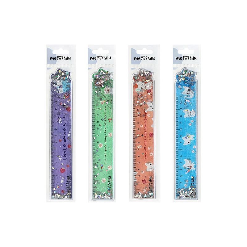 Линейка 15см MESHU "White kitty" ПВХ с блестками, ассорти, европодвес 