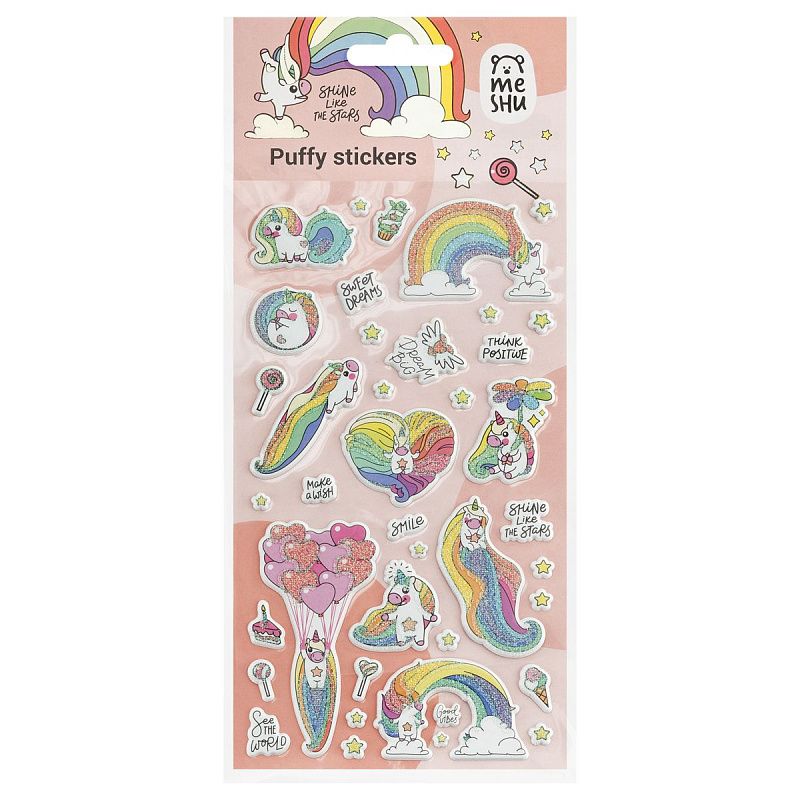 Наклейки объемные MESHU "Rainbow unicorn", 10*23см, с блестками, пакет европодвес