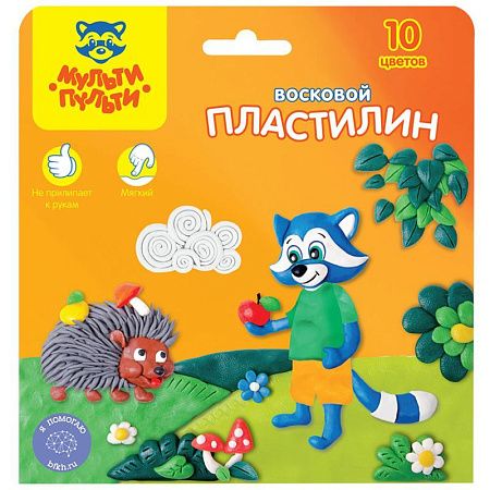 Пластилин Мульти-Пульти "Енот в лесу", 10 цветов, 150г, восковой, со стеком, картон, европодвес
