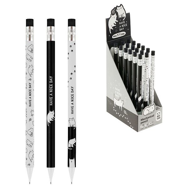 Карандаш механический MESHU "Cute pattern", печать на корпусе, с ластиком, 0,7мм, ассорти