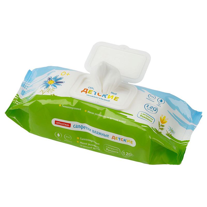 Салфетки влажные OfficeClean "Детские", 120шт., универсальные очищающие, клапан-крышка 