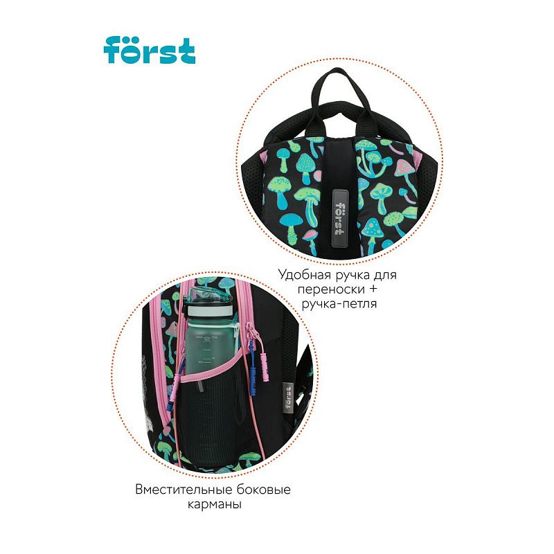 Рюкзак Först F-JUNIOR "Mushrooms" 38*29*18см, 3 отделения, 2 кармана, эргономичная спинка 