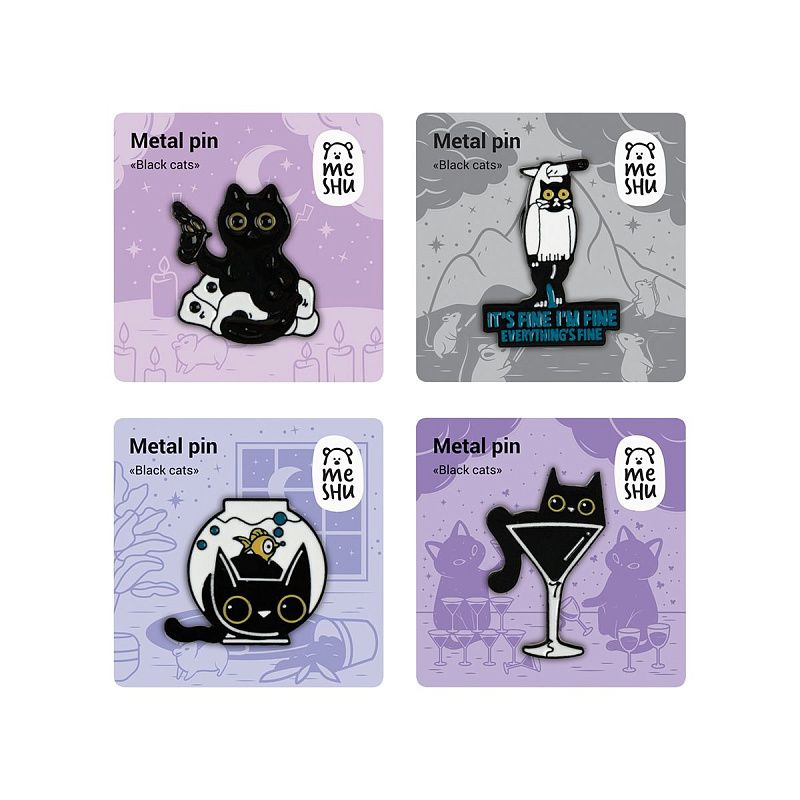УЦЕНКА - Набор металлических значков MESHU "Black cats", эмаль, 4шт, картонная подложка, европодвес (осн 368830)