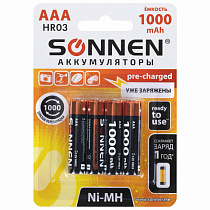 Батарейки аккумуляторные Ni-Mh мизинчиковые КОМПЛЕКТ 4 шт., AAA (HR03) 1000 mAh, SONNEN, 455610