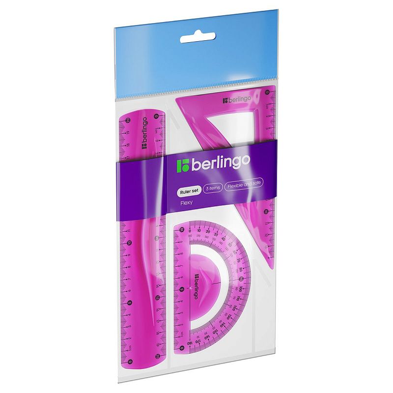 Набор чертежный средний Berlingo "Flexy" (треуг. 14см, линейка 20см, транспортир) гибкий, ассорти, европодвес 