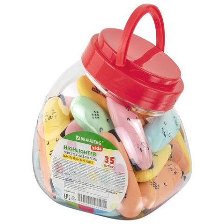 Текстовыделитель мини BRAUBERG KIDS "CUTE CATS PASTEL", АССОРТИ В ПЛАСТИКОВОЙ БАНКЕ, линия 1-5 мм, 152434. 