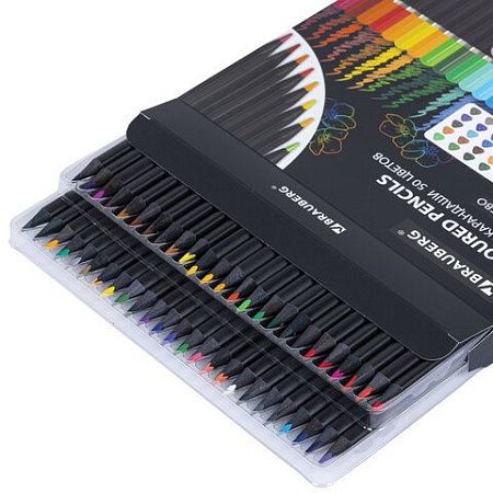 Карандаши цветные чёрное дерево BRAUBERG BLACK WOOD, 50 цветов, мягкий грифель 3 мм, 182043