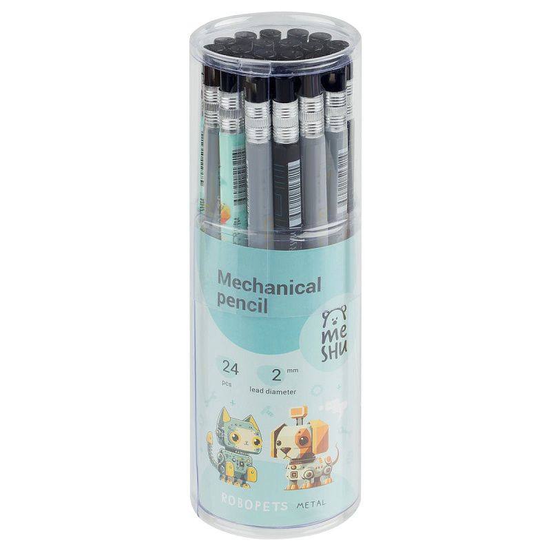 Карандаш механический MESHU "Robopets", печать на корпусе, 2,0мм, софт-тач, ассорти, с точилкой для грифеля 