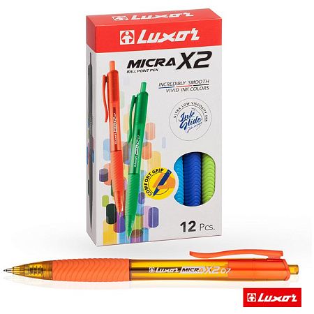 Ручка шариковая автоматическая Luxor "Micra X II" синяя, 0,7мм, грип, корпус ассорти 