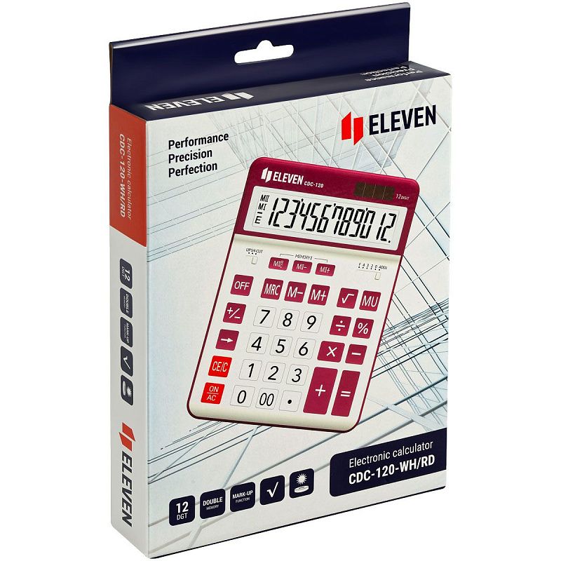 УЦЕНКА - Калькулятор настольный Eleven CDC-120-WH/RD, 12 разрядов, двойное питание, 155*206*38мм, белый/красный (осн 365648)
