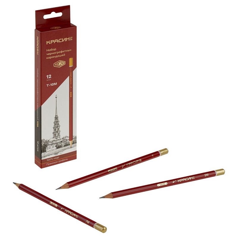 Набор карандашей ч/г Красин "1926" 12шт., Т(H)-10М(B), кедр, заточен., карт.пенал, европодвес 