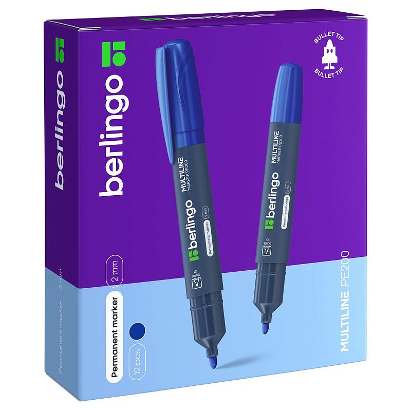 Маркер перманентный Berlingo "Multiline PE200" синий, пулевидный, 2мм 